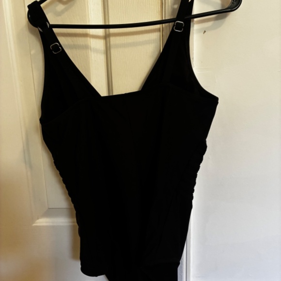 Women's Surplice Trim Overlay One Piece Swimsuit in Black with Adjustable Straps - Picture 4 of 4